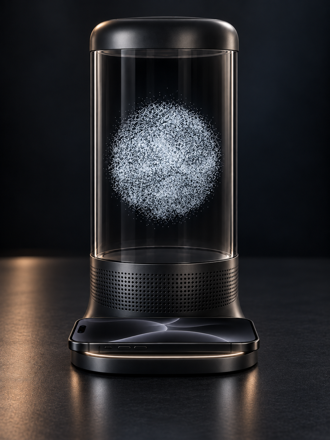 Presence hardware concept: a particle sphere floating inside a glass cylinder above a speaker base, with a phone resting on its charging tray